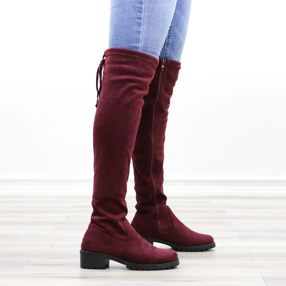 Wine Lug Sole Thigh High Boots Back Lace Tie - Picture 6 of 14